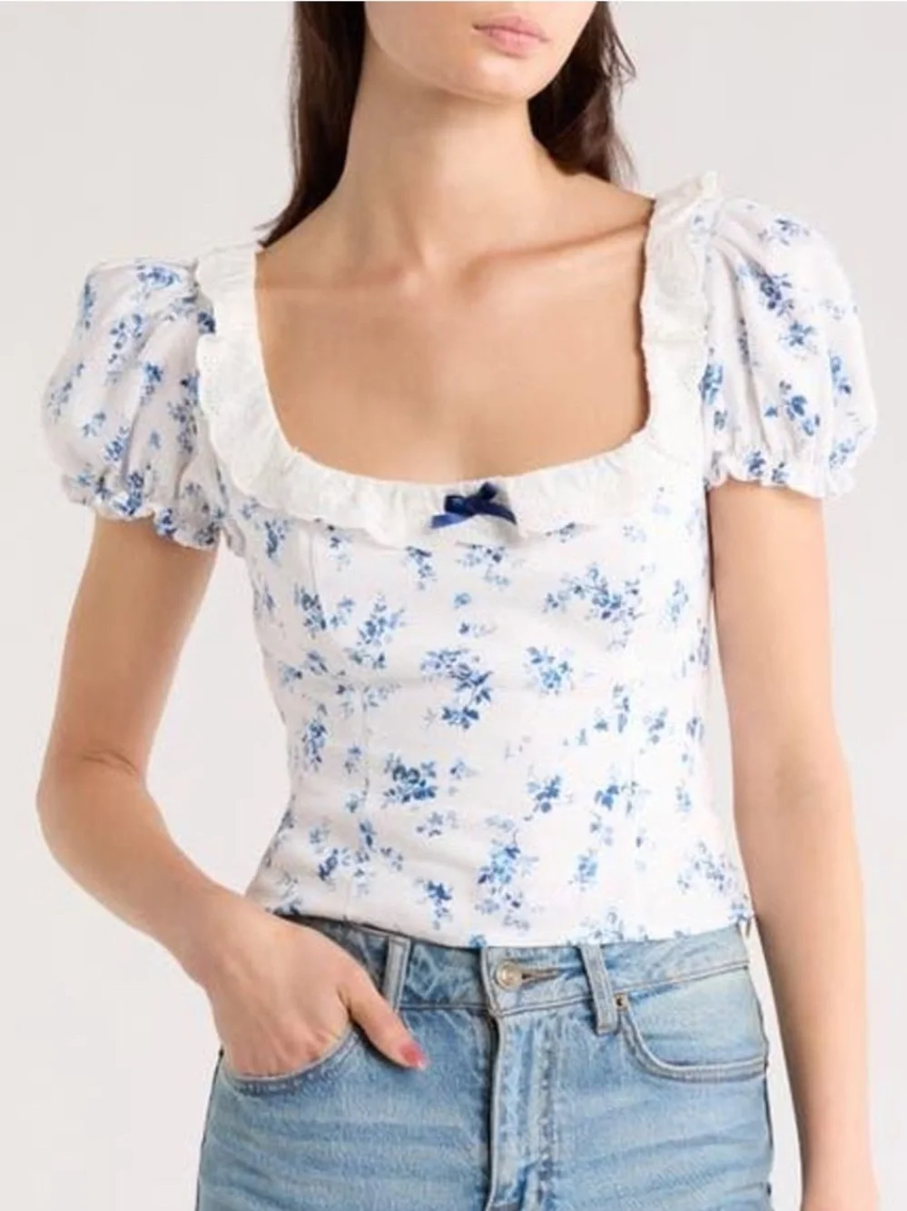 Reformation Alice White Puff Sleeve Top in Orlaya - Blue Floral Print